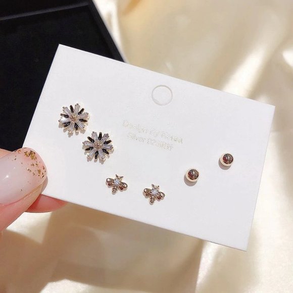 [3 Pairs] 925 Sterling Silver Diamond Earrings E - Picture 6 of 7